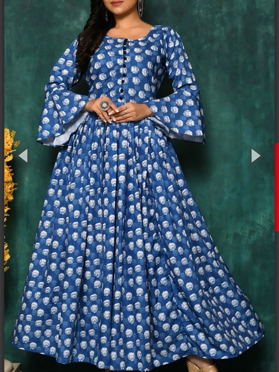 Indian wedding Saree Dresses & Skirts - Women’s Indian Cotton Floral Pleated Boho Retro Party‎ Festival Gown Blue M
